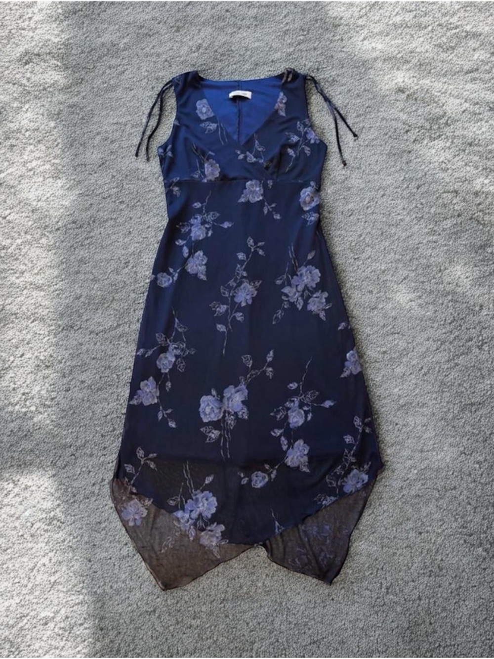 Vintage Byer Too! 90s Sleeveless Navy Floral Asymmetrical Hem Dress Glitter